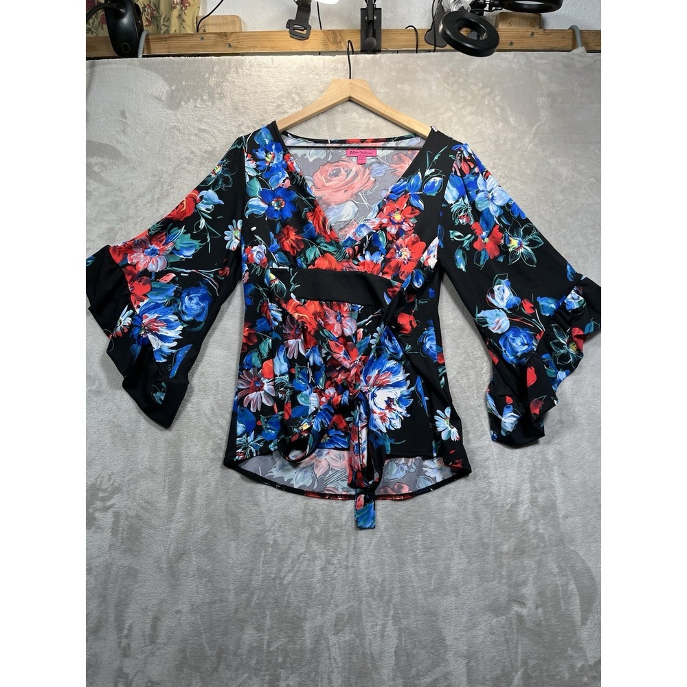 Betsey Johnson Surplice Blouse Empire Waist Tie Back Womens Small Black Floral